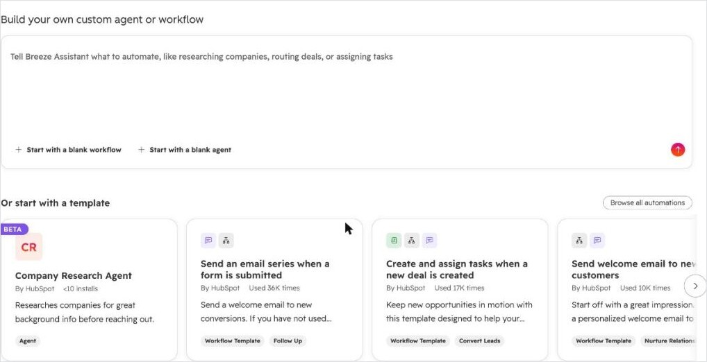 Skabelongalleriet i Agent Hub med fire kort: Company Research Agent og tre workflow-skabeloner med antal installationer.