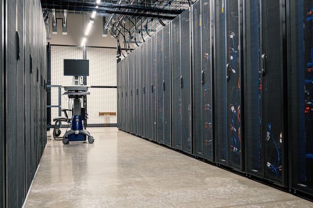 Serverracks i en datacenter-korridor